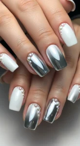 White Chrome Nails with Pearl Accents