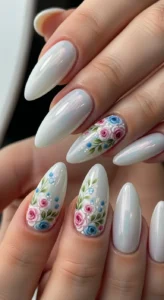 White Chrome Nails with Floral Art