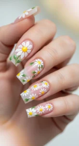 6. Cute Daisy Art on Square Acrylics