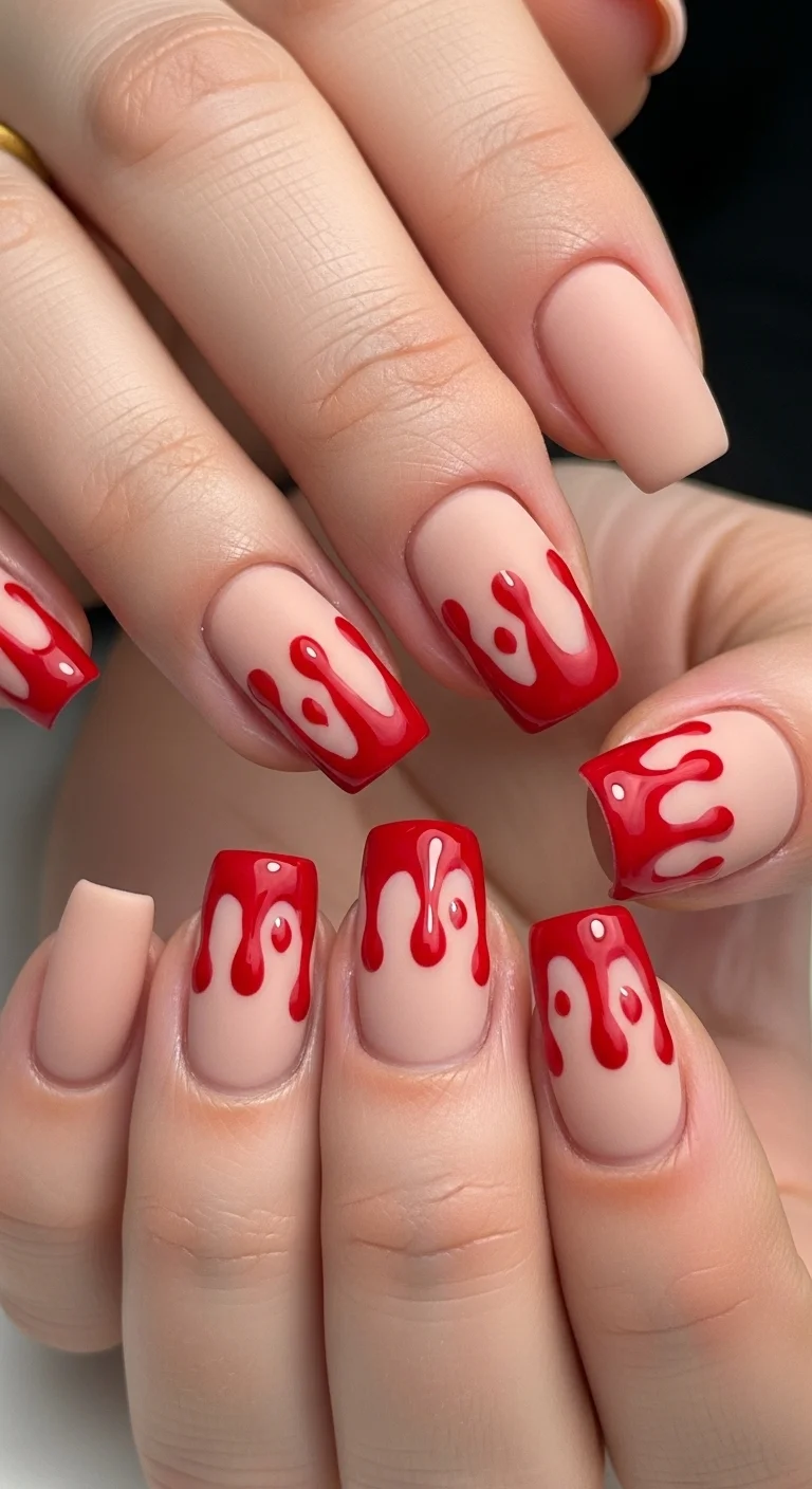 Bloody Drip Red and Nude Nails