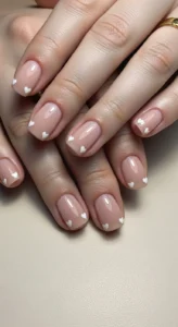 Nude Nails with Tiny White Hearts