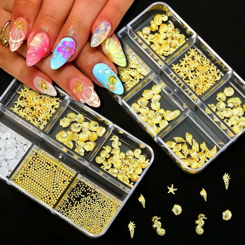 Summer Steel Studs Metal Pearls Nail Gems Charms Metal Small Seashell Starfish Alloy Seahorse Nail