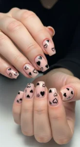Tiny Black Hearts Cute Nails