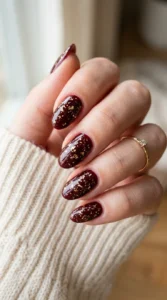 Dark Cherry Red Nails with Gold Flakes