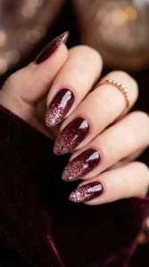 Dark Cherry Red Nails with Glitter Ombre
