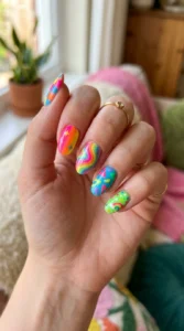 6. Neon Rainbow Mismatched Nails