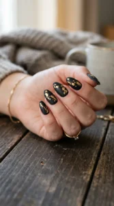 Matte Black Nails with Gold Foil 1