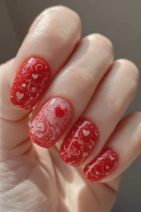 Red Nails with Heart Designs (Cute Red Nails Trend)