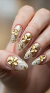 Elegant Gold Leaf 3D Flower Nails