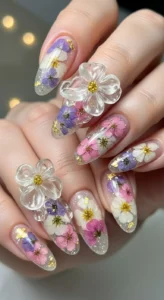 Dried Flower and Gel 3D Flower Nails