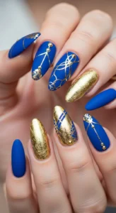 Royal Blue and Gold Foil Cute Nails