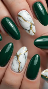Elegant Emerald and Marble Nails