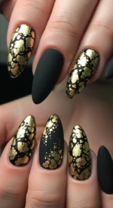 Black Nails with Gold Foil Details