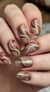 Chrome Swirl Earth Tone Oval Nails