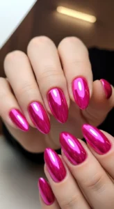 Hot Pink Nails with Chrome Shine
