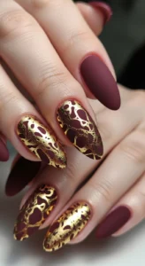 Matte Burgundy and Gold Foil Nails