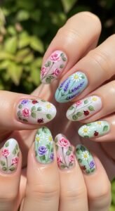 Tiny Floral Garden Oval Nails