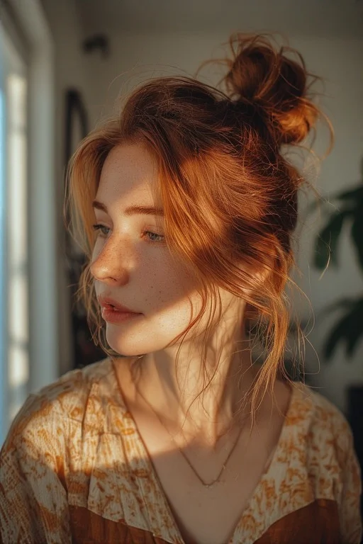Auburn Glow Hairstyle Messy Bun